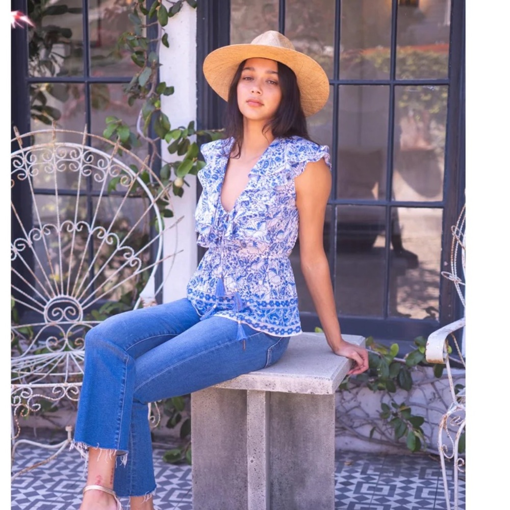 Alicia bell ines Blouse blue Floral Ruffle Top - Picture 4 of 5